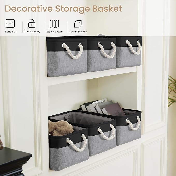 Storage Baskets for Shelves 13.8x9.8x6.7 Inch, Foldable Fabric Storage Bins with Handles, Small Storage Baskets for Organizin
