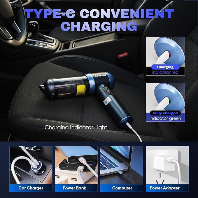 Saker Car Vacuum Portable Cordless 20000Pa Suction Power 4 in 1 Handheld Vacuum with LED Light Type-C Portable Mini Vacuums f