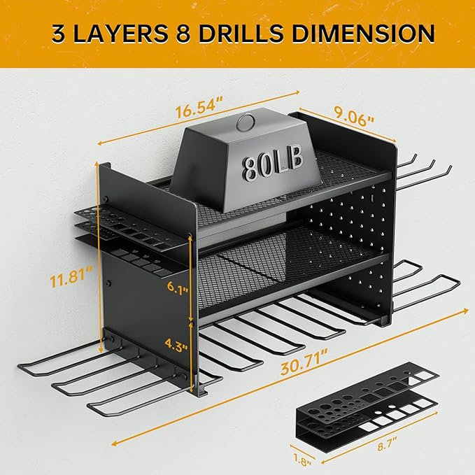 Power Tool Organizer Wall Mount, 3 Layer 8 Drill Holder Tool Shelf Storage Rack for Garage Organization, Birthday Gifts for H