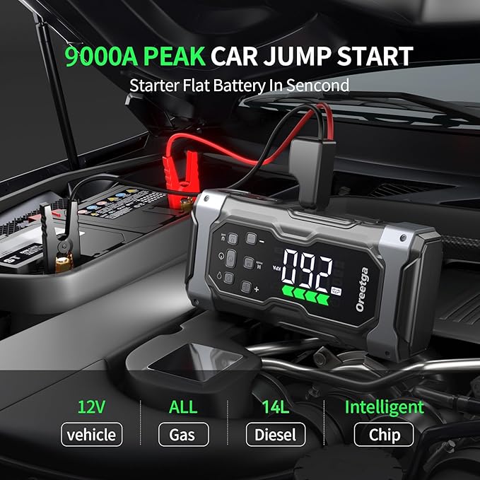Upgraded 9000A Car Jump Starter with Air Inflator/Deflator Compressor, 9 in 1 Portable Jumper Box Power Pack Charger (All