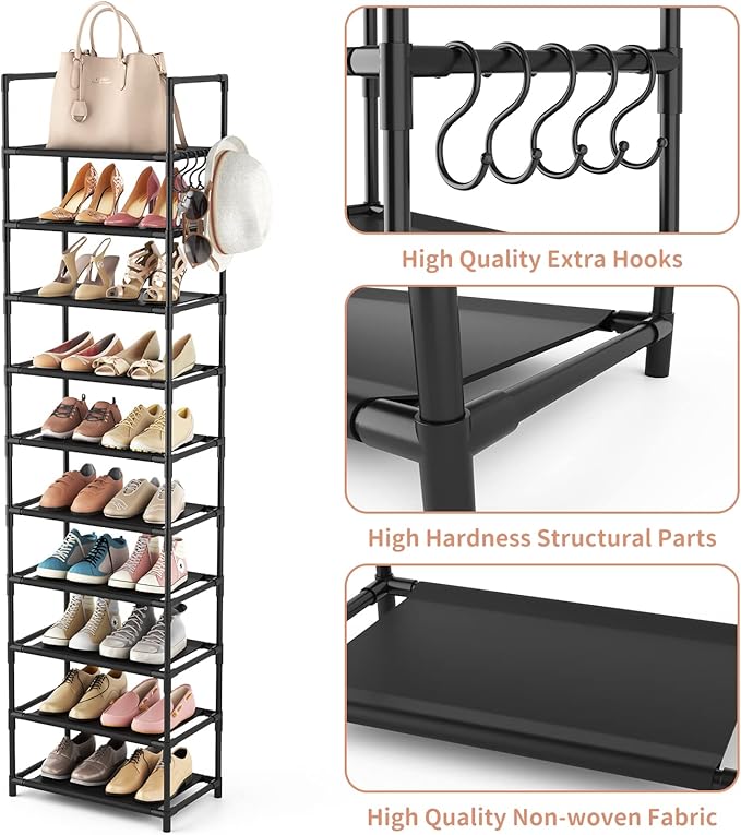 LANTEFUL 10 Tiers Tall Shoe Rack 20-25 Pairs Boots Organizer Storage Sturdy Narrow Shoe Shelf for Entryway, Closets with Hook