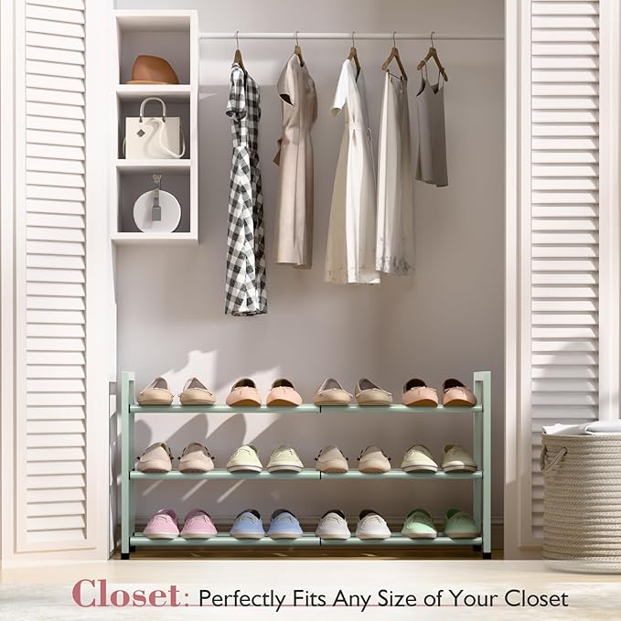 Bumusty 3-Tier Expandable Shoe Rack for Closet, 18“-33” Adjustable Shoe Rack for Small Space, Small Shoe Organizer for Front 