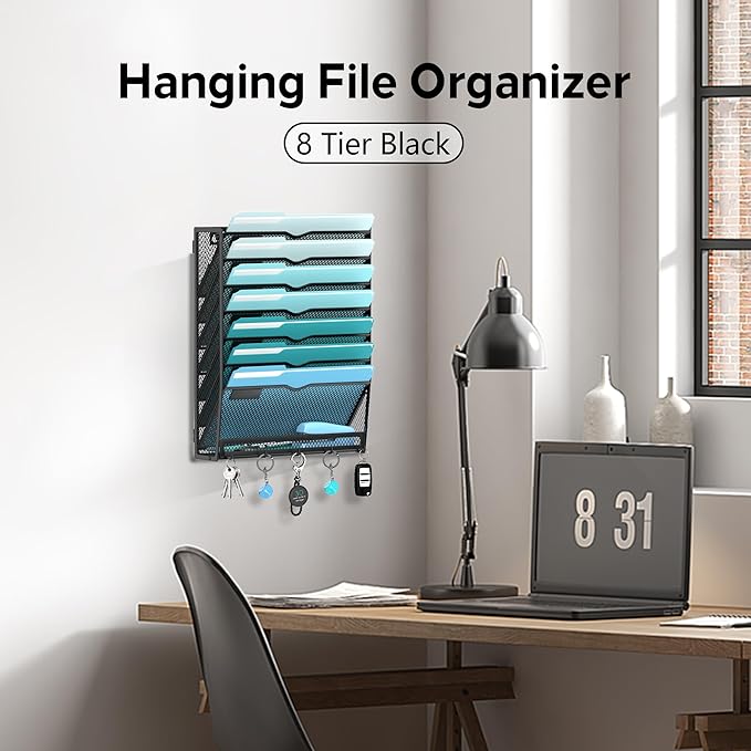 8-Tier Hanging Wall File Organizer with 5 Hooks, Mesh Wall File Holder Vertical Mount Mail Organizer for Papers, Folders, Mag