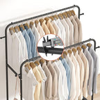 Laiensia Double Rods Garment Rack with Wheels, Clothing Rack for Hanging Clothes,4 Hooks, Multi-functional Bedroom Clothes Ra
