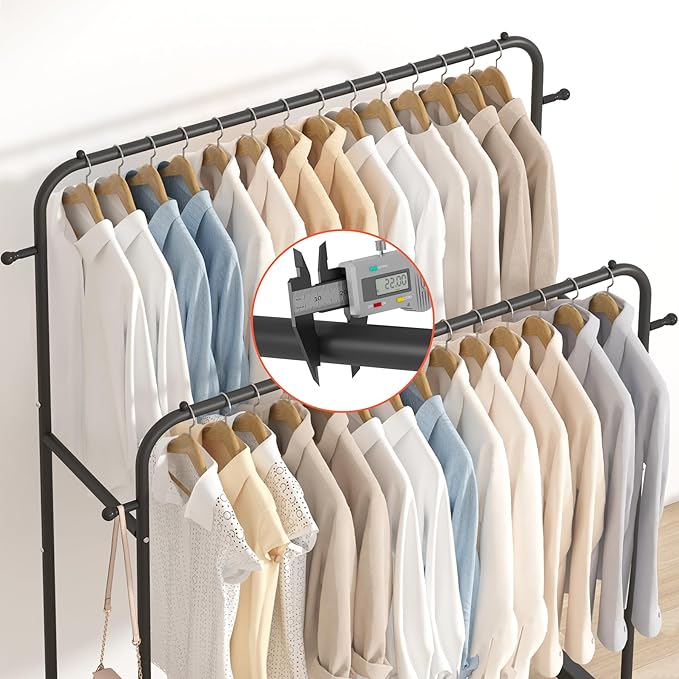 Laiensia Double Rods Garment Rack with Wheels, Clothing Rack for Hanging Clothes,4 Hooks, Multi-functional Bedroom Clothes Ra