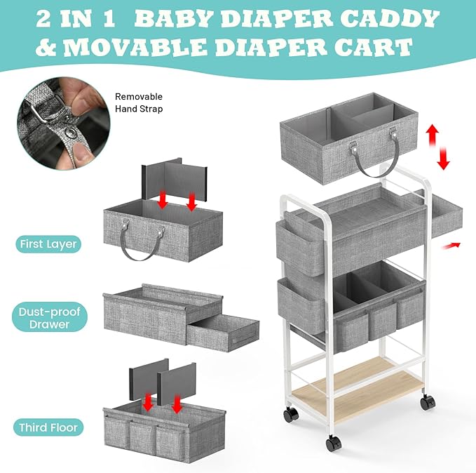 LIDTOP 2In1 Diaper Caddy & 4-Tier Rolling Diaper Cart, Diaper Caddy Organizer Cart with Dividers & Drawer, Mobile Metal Bedsi
