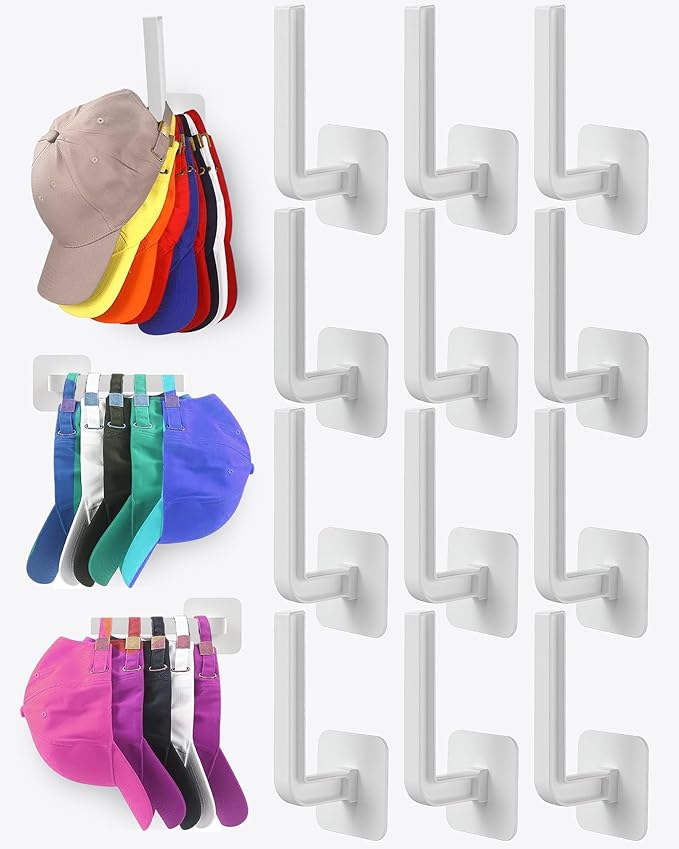 Hat Rack for Hat Storage (12-Pack), Multi-Purpose Hat Organizer, Strong Adhesive Hat Hooks for Wall Hat Organizer for Basebal