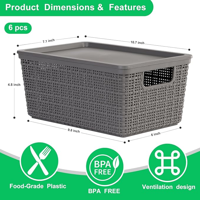 6 Pack Plastic Storage Baskets With Lids,Grey Breathable Stackable Storage Bins,Small Storage Containers,for Organizing Stora