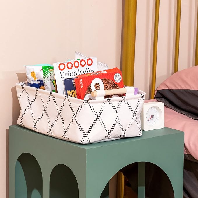 Decorative Collapsible Rectangular Fabric Storage Bin Organizer Basket with Wooden Handles for Clothes Storage,15.4x10.6x5.1 