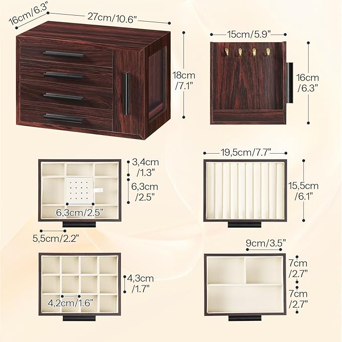HOOBRO Jewelry Box for Women, Wooden Jewelry Organizer with Transparent Window, 4-Layer Jewelry Organizer Box, Jewelry Holder