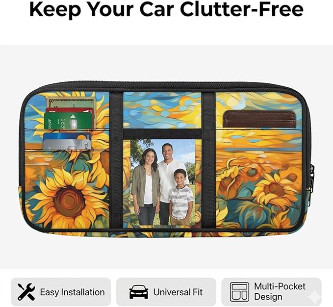 Sunflower Sun Visor Organizer Car Sunvisor Organizers Multi-pocket Visor Organizer Storage Pouch for Cars, Suvs & Trucks with Zippers Vehicle Accessories for Document, Card, Pen