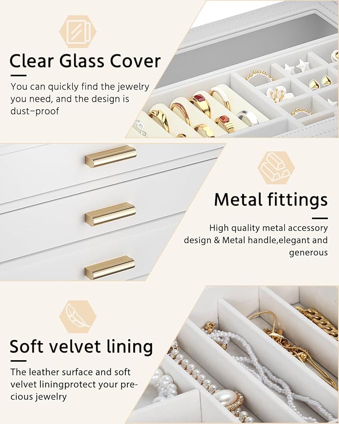AKOZLIN Jewelry Box with Clear Lid Functional Leather Jewelry Storage Organizer Case 4 Drawers for Women Girls Necklace Ring 