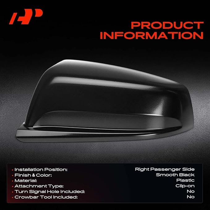 A-Premium Passenger Side Rearview Mirror Cover Cap - Compatible with Chevrolet Malibu 2013-2015, Malibu Limited 2016 - Smooth Black, Without Turn Signal Hole