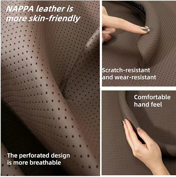 Universal 15 Inch Premium Nappa Leather Steering Wheel Cover - Non-Slip, Soft Comfortable Grip, Easy Install for Most Cars (Black)