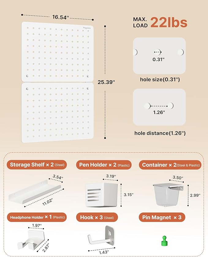 PEGZONE Pegboard Wall Organizer Combination Kit, Overall 25.4"x16.6" Metal Office Pegboard with 13 Accessories, Wall Mounted 