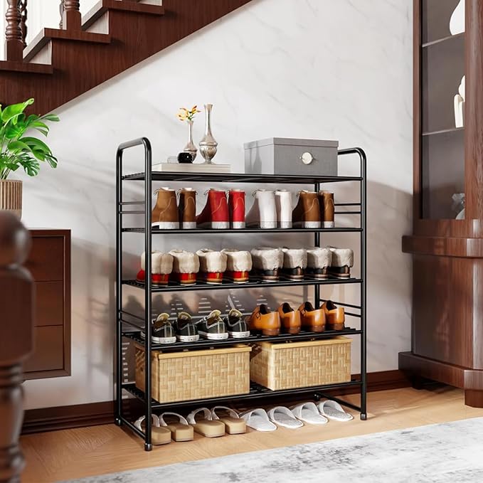 Shoe Rack Stackable, 5 Tier All Metal Free Standing Shoe Storage for Garage, Heavy Duty & Adjustable, Black