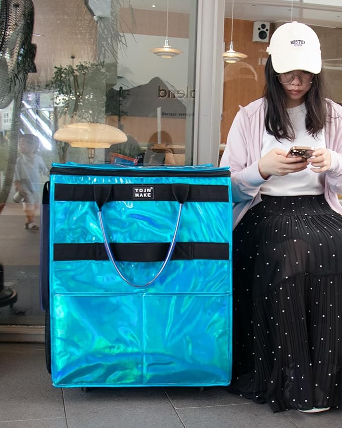 Reusable Grocery Bag with Wheels, Shopping Trolley with 8 Pockets and Zipper Cover Foldable Rolling Tote for Women, Kitchen, Travel, Carries Up to 66LBS (Large, Glitter Blue)