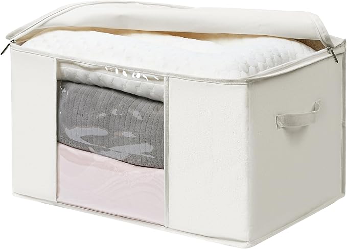 TYEERS Large Storage Bags with Zipper and Clear Window, Cotton Blended Fabric Storage Containers for Seasonal Clothes and Bed
