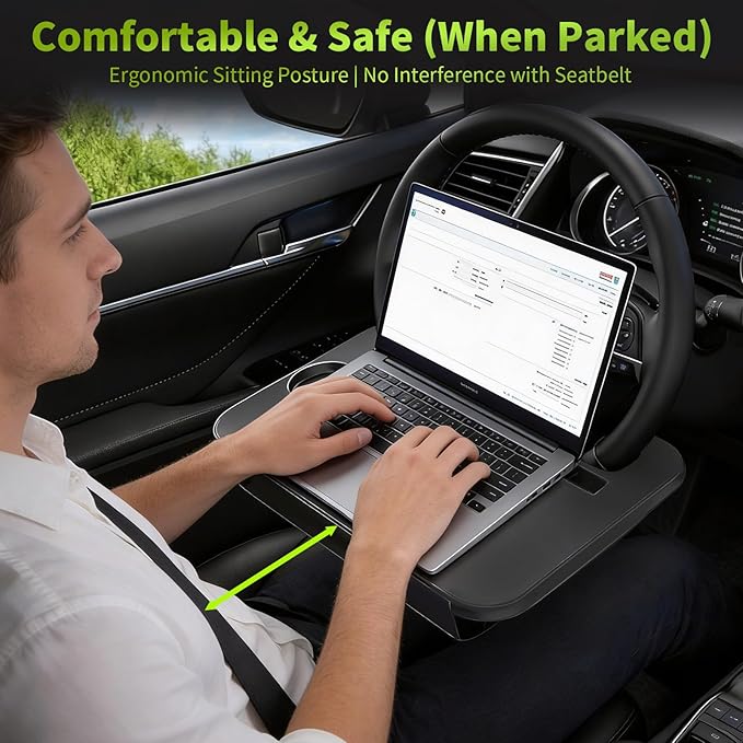 2-in-1 Steering Wheel Desk & Seat Gap Organizer, Portable Steering Wheel Tray with Cup Holder & Pad Slot, Car Food Table for Laptop Eating Working, Multipurpose Road Trip Accessories