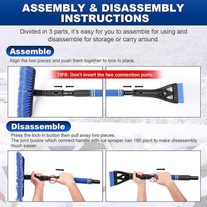 2Pack Ice Scrapers for Car Windshield, 2-in-1 Snow Scraper and Snow Brush for Car SUV Truck, Car Ice Windshield Scraper for Ice and Snow with 360° Pivoting Brush and Ergonomic Foam Grip Blue Orange