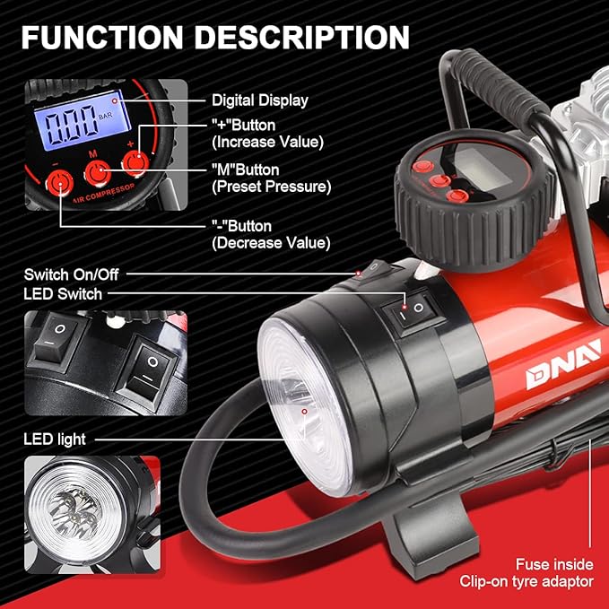 DNA Motoring 12 V 125 PSI LED Flash Light Air Pump Portable Air Compressor Inflator for Cars, Bikes and Balls (TOOLS-00083)