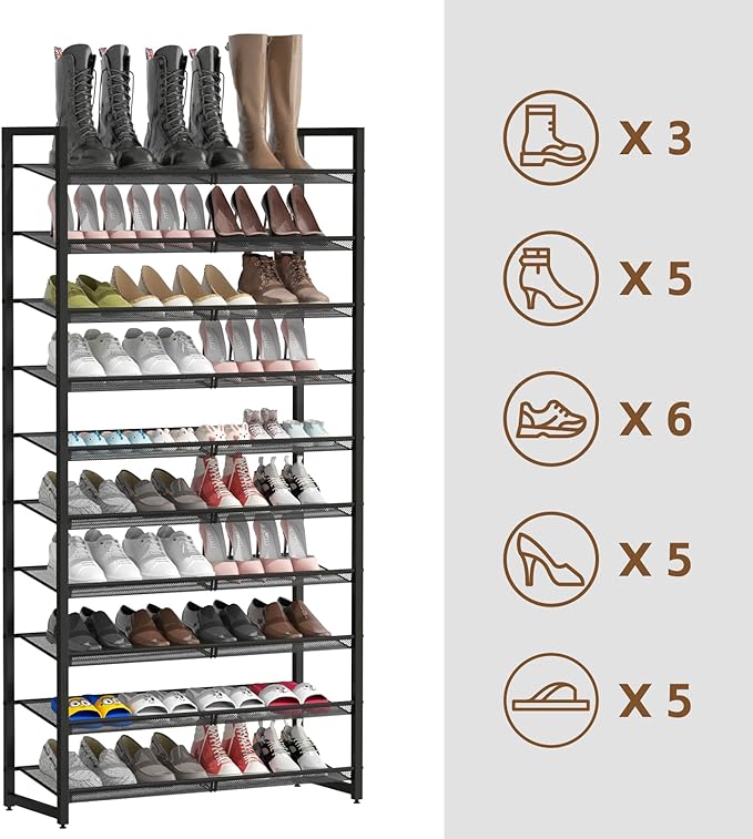 Shoe Rack, 10-Tier Metal Shoe Organizer, Tall Shoe Rack for Closet,entryway,Garage, with Adjustable Flat or Angled Shelves, 4