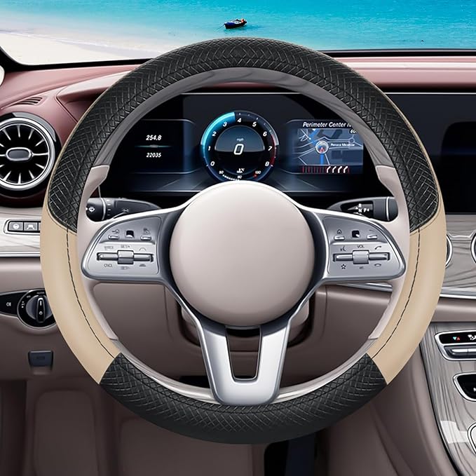 Black & Beige Car Steering Wheel Cover, Microfiber, Leather Patchwork, Universal 14.5-15 Inch Leather Anti-Slip Breathable Au