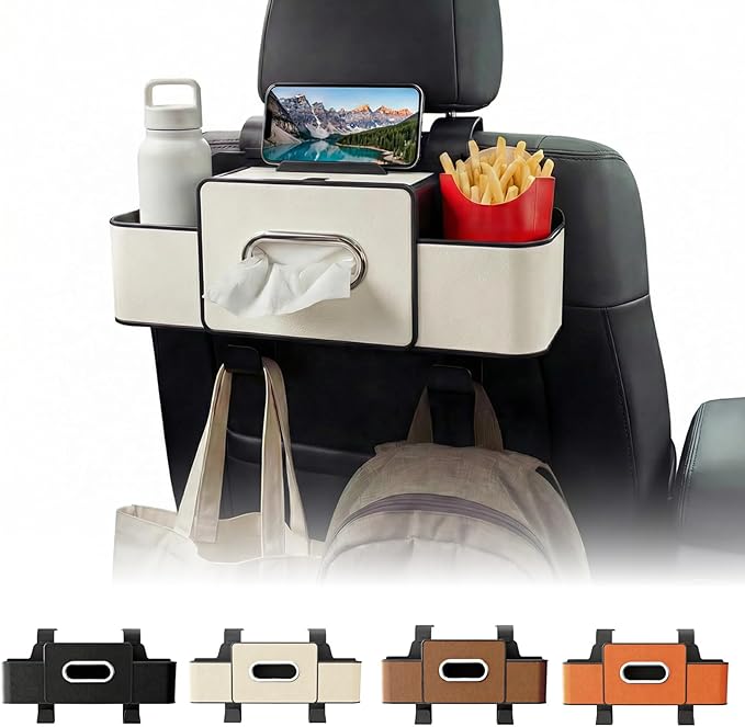 Backseat Car Organizer, 4 in 1 Multifunctional Car Back Seat Storage Organizer with Tissue Box, 2 Cup Holders, Phone Stand and Hooks, Automotive Seat Back Organizers (White)