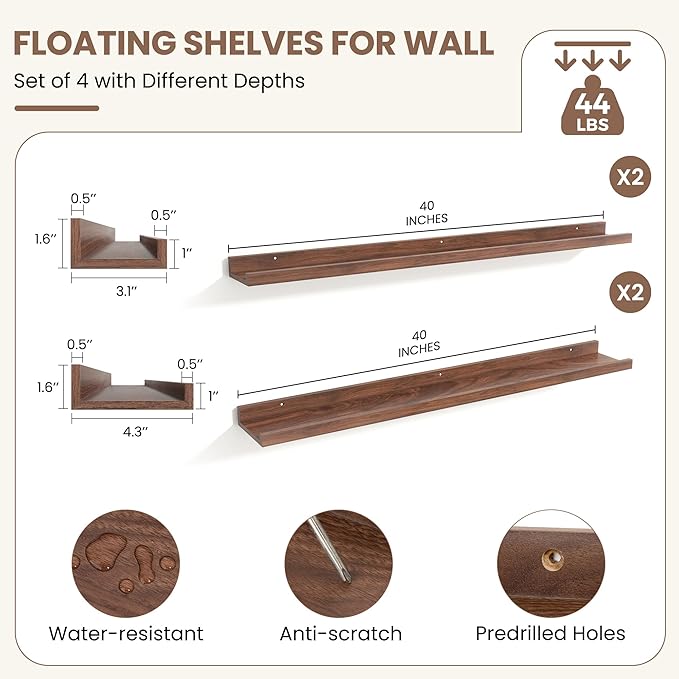 Fun Memories Picture Ledge Shelf, Floating Shelves Set of 4, 40 Inch Picture Shelves for Wall with Ledge, Large Nursery Book 