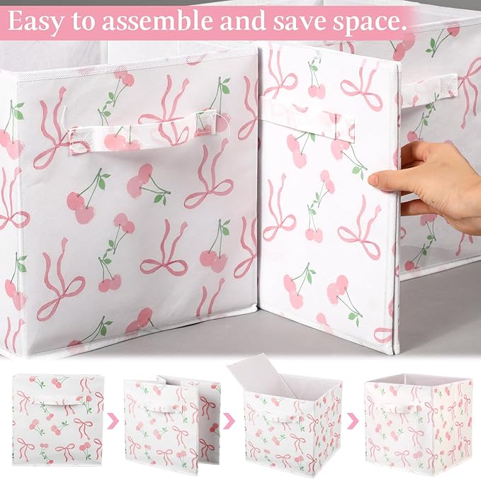 Geelin 6 Pcs Pink Bow Cherry Cube Storage Bins 11 Inch Storage Basket with Handle, Preppy Girls Organizer Basket, Collapsible