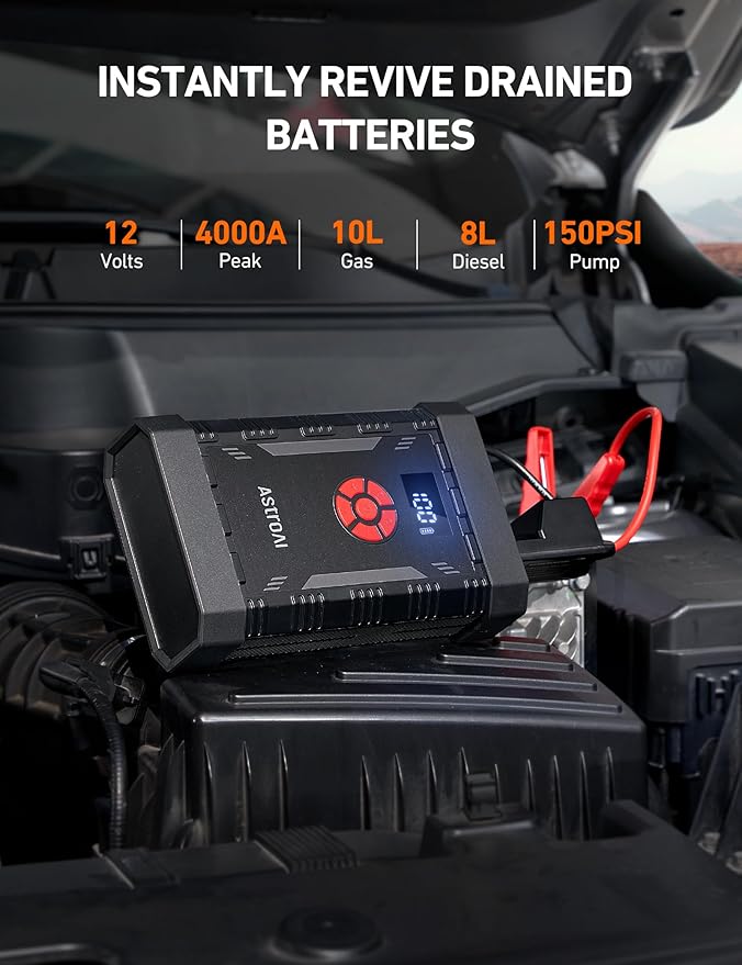 AstroAl A30 Jump Starter with Air Compressor, 4000A &150PSI Portable Car Battery Jump Starter (10.0 Gas/8.0LDiesel) with