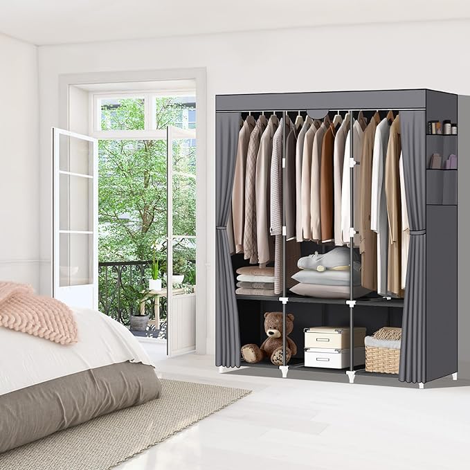 LOKEME Portable Closet, Wardrobe Closet with 3 Hanging Rods and 6 Storage Shelves and 4 Side Pockets, Gray Portable Closets f
