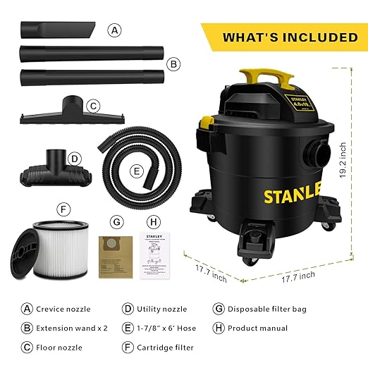 STANLEY Wet/Dry Vacuum SL18191P, 10 Gallon 4 Horsepower 16 FT Clean Range Shop, Ideal for Home/Garage/Laundry Rooms with Atta