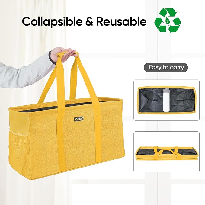 BALEINE Extra Large Utility Tote Bag with Reinforced Wire Frame, Reusable Grocery Bag for Shopping, Picnic (Yellow, 22''x12''x10'')