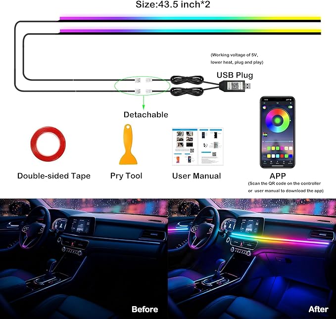 Interior Car LED Strip Lights, RGB 2 in 1 Dynamic Dreamcolor Chasing Acrylic LED Lights for Car, USB Powered Ambient Lighting Kits with Wireless APP, Sound Active Function Car Neon Lights (2 in 1)