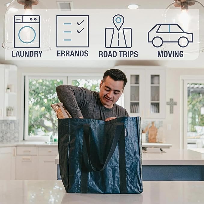 CleverMade Tall Frakta Reusable Grocery Tote - 42L - Pack of 2 - Transparent - Collapsible Storage Shopping Organizer - Heavy