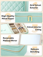 Velvet Travel Jewelry Box with Large Mirror, Double-Layer Jewelry Organizer Case for Women and Girls, Portable Storage Case w