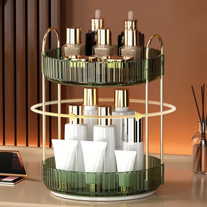 YCIA&DONE 360 Rotating Makeup Organizer and Storage for Vanity Countertop 2 Tiers, High Capacity Cosmetic Skincare Perfume Or