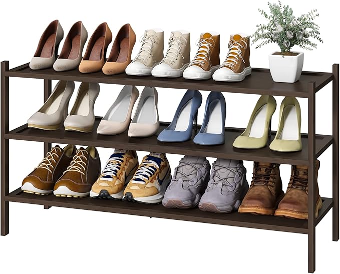 kiplant 3-Tier Long Shoe Rack, Bamboo Wood Shoe Rack for Entryway, Stackable | Foldable | Natural, Shoe Organizer for Hallway