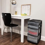 HOMZ Drawer Tower, 4-Tier Clear Plastic Storage Organizer Cart, Black Frame - Multi-Purpose Rolling Drawers with Wheels for B