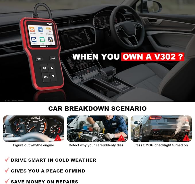 Car OBD2 Scanner Diagnostic Tool, Professional Auto OBD II Check Engine Fault Code Reader with Reset, Vehicles Live Data