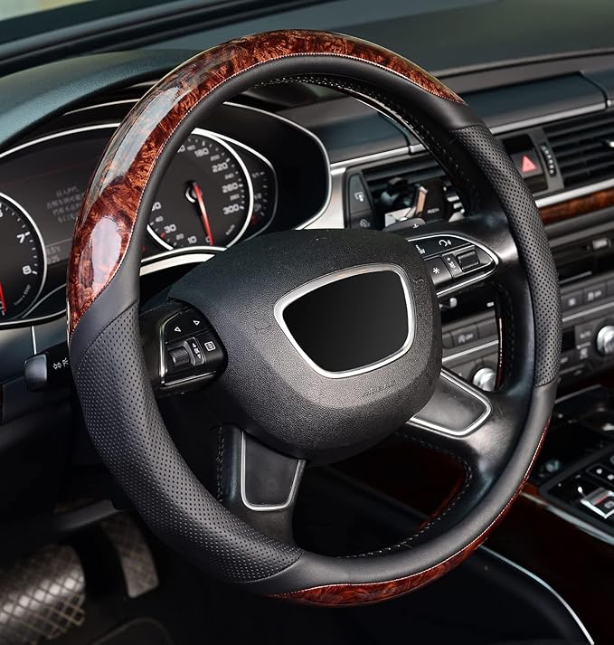 ZHOL Wood Grain Steering Wheel Cover, Universal 15 inch Microfiber Leather Anti-Slip Steering Wheel Protector, Odorless