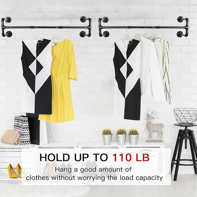 Wall Mounted Clothes Rack - 54" Industrial Pipe Clothing Garment Rack, Space-Saving Heavy Duty Detachable Black Iron Clothes 