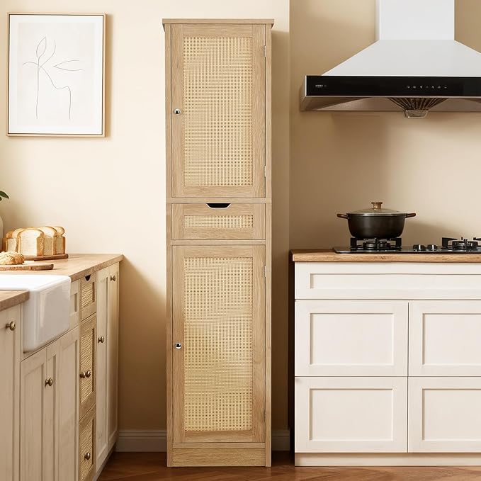 Iwell Tall Narrow Storage Cabinet with Doors, Rattan Cabinet with Adjustable Shelves, Freestanding Linen Storage for Living R