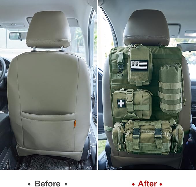 Universal Tactical Car Seat Back Organizer Bag - Molle Vehicle Organizers Panel with 4 Detachable Pouches (Military Green)