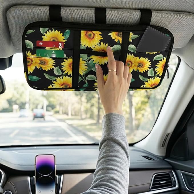 Tactical Sun Visor Organizer for Car and Truck,Sunflower Card Sleeve Pocket with Multi-Pocket Zipper Adjustable Straps Patrol Car Storage