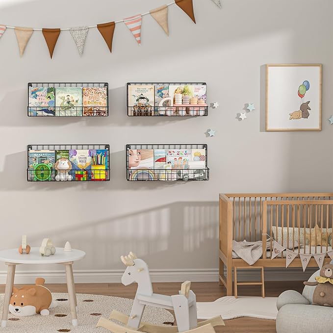 X-cosrack 4-Pack Wall Mounted Metal Kids Bookshelf, Floating Book Shelves for Kids Nursery Toddler Classroom, Hanging Book Sh