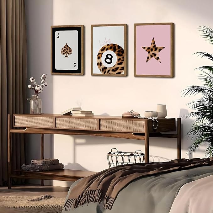 Pink and Black Leopard Wall Art, Lucky Girl 8 Ball Wall Decor Set of 3 Cheetah Lucky Star Poster Canvas Prints, Coquette Mode