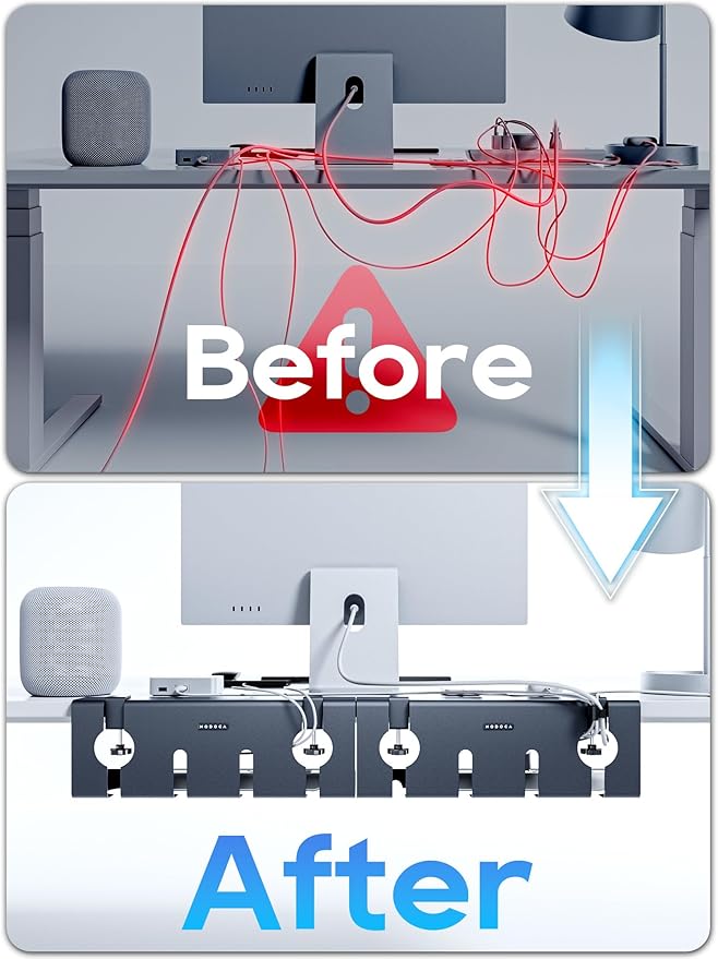 NODOCA No Drill Under Desk Cable Management Tray, 17'' Wire Management, Punch-Free Clamp on, Metal Cable Tray, Wire Organizer