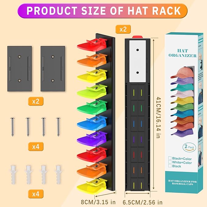 Volnamal Hat Organizer for Baseball Caps, 2 Pack Hold Up to 40 Hats, Hat Rack for Wall Space Saving, Hat Hanger w/Strong Adhe